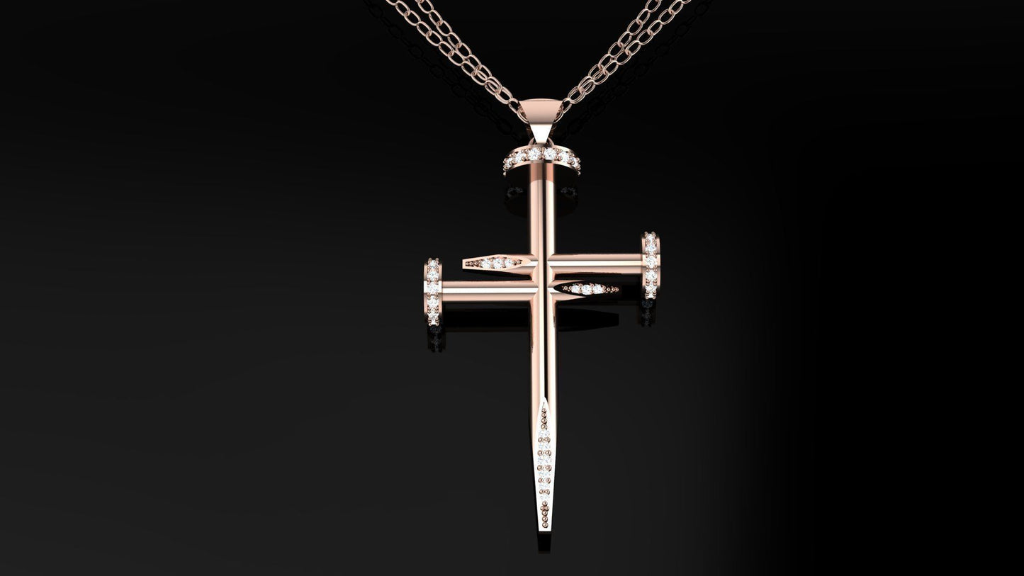 14k Solid Gold Nail Cross Necklace with Diamonds, Diamond Nail Cross, Nail Cross with Diamonds