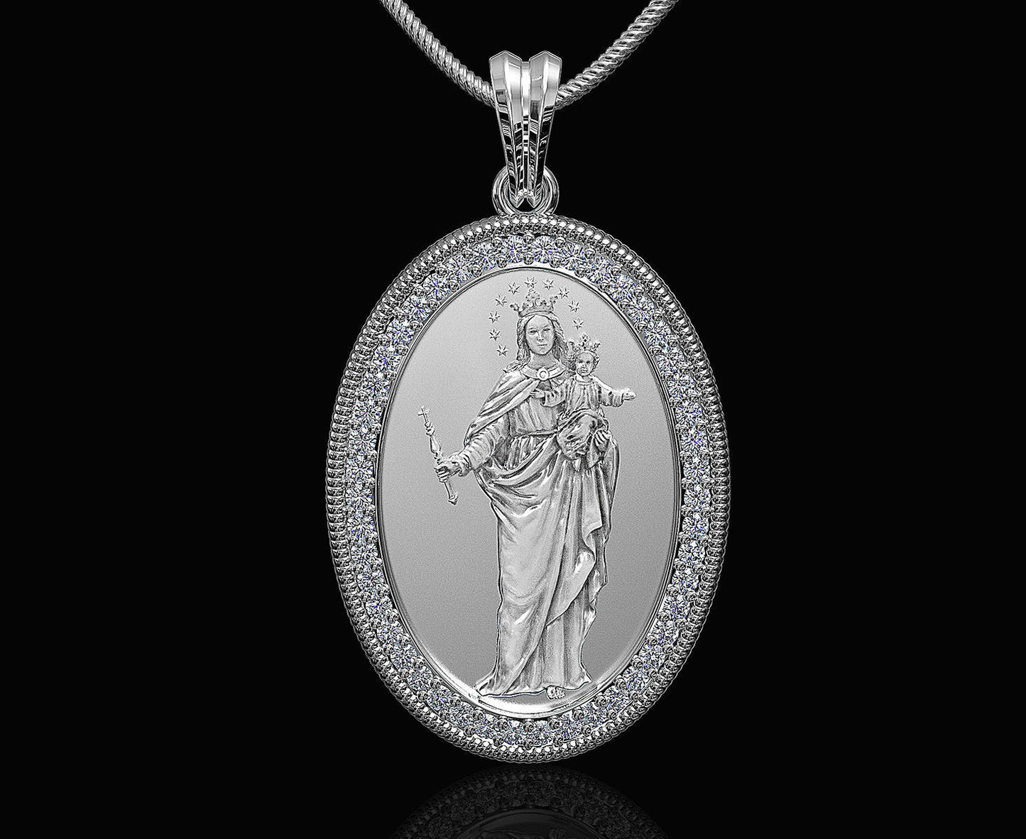 14K Solid Gold Saint Mary with Baby Jesus Pendant with Diamonds / Diamond Saint Mary with Baby Jesus Pendant / Gift for Her