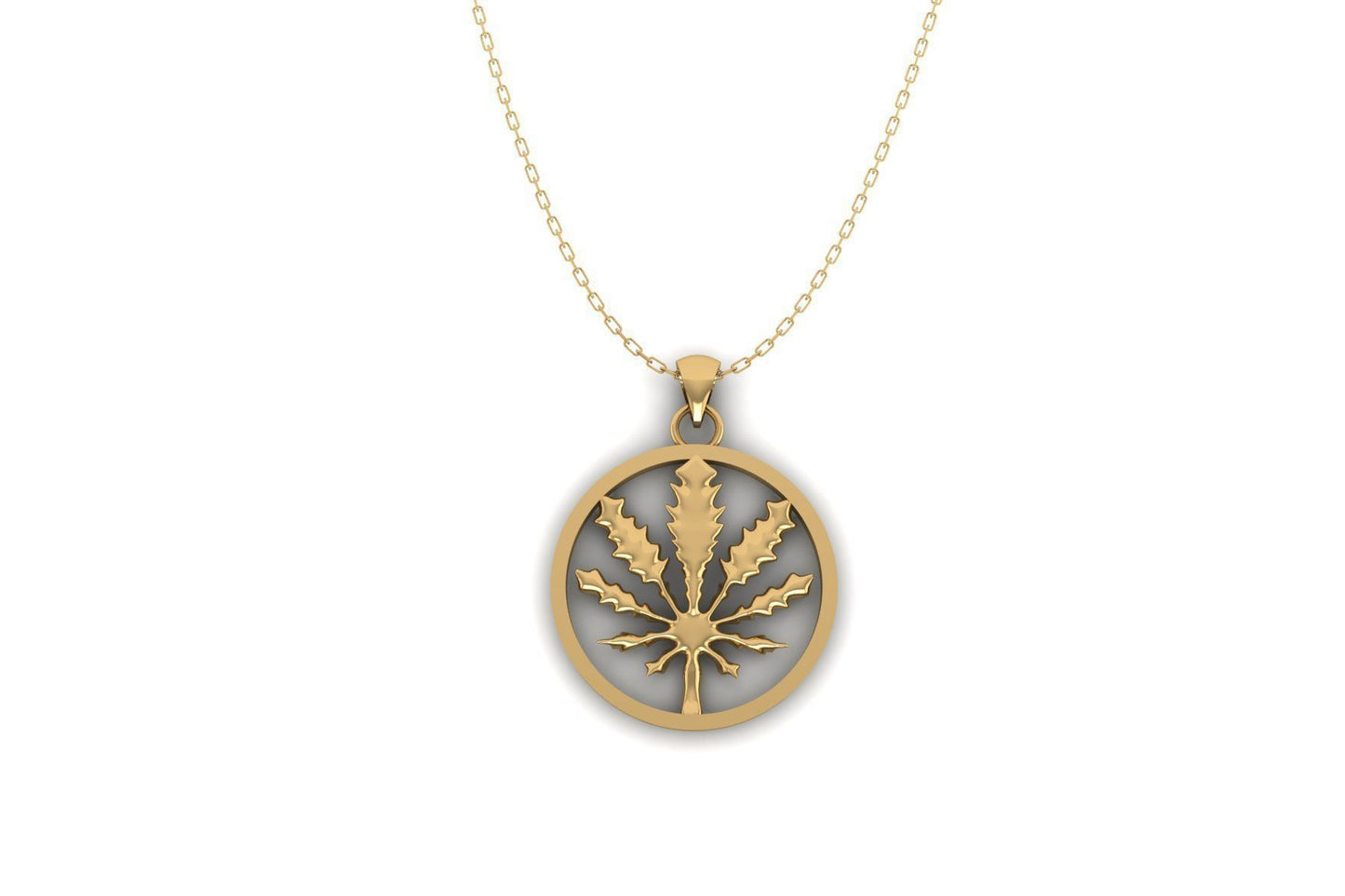 14K Solid Yellow Gold Round Marijuana Necklace / Gold Marijuana Weed Pendant / Unisex Marijuana Pendant / Gift for Her