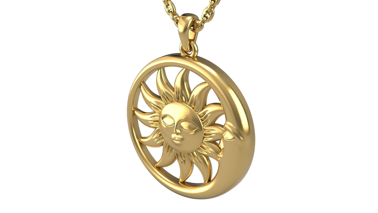 14K Solid Gold Sun and Moon Pendant