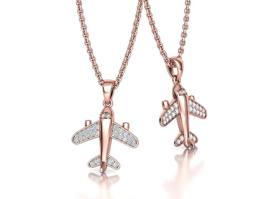 14K Solid Gold Diamond Airplane Pendant/Airplane Diamond Charm on Necklace 17mm x 14mm / Gift for Her - JewelsnGlitters