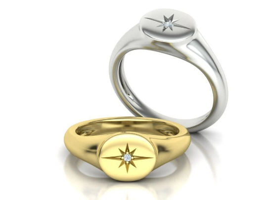 14k Solid Gold Signet Star Ring with REAL Diamond/ Pinky Statement Ring/Gift for Her - JewelsnGlitters