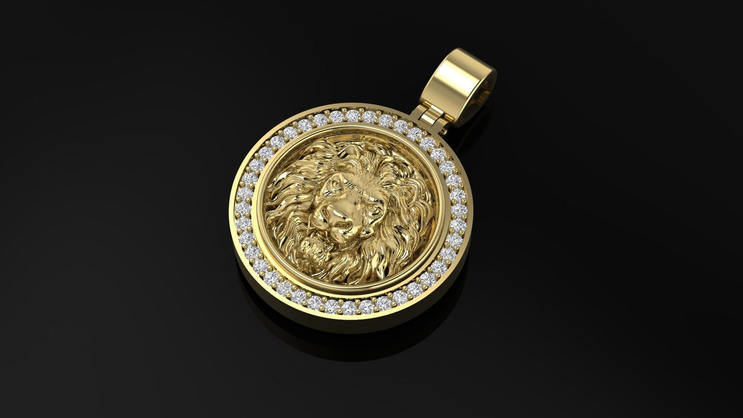 14k Solid Gold Lion Necklace with REAL Diamonds 0.60 Carat / Lion Head Pendant with Diamonds  25mm Diameter / Unisex Diamond Lion Pendant