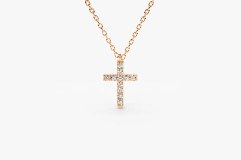 14k Solid Gold Diamond Cross Necklace, Diamond Cross Necklace for Her, Small Diamond Cross