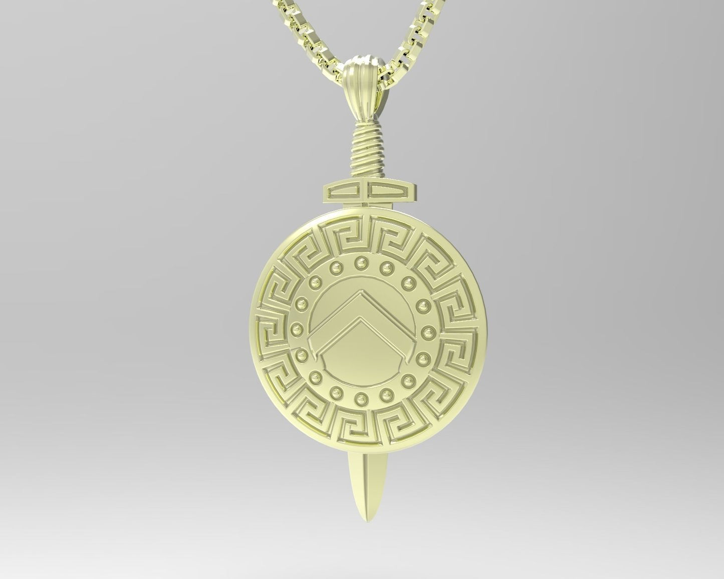 14K Solid Gold Spartan Hoplite Shield and Sword Pendant 4 Grams / Gold Shield and Sword Necklace / Gift for Him 38.20mm X 20mm