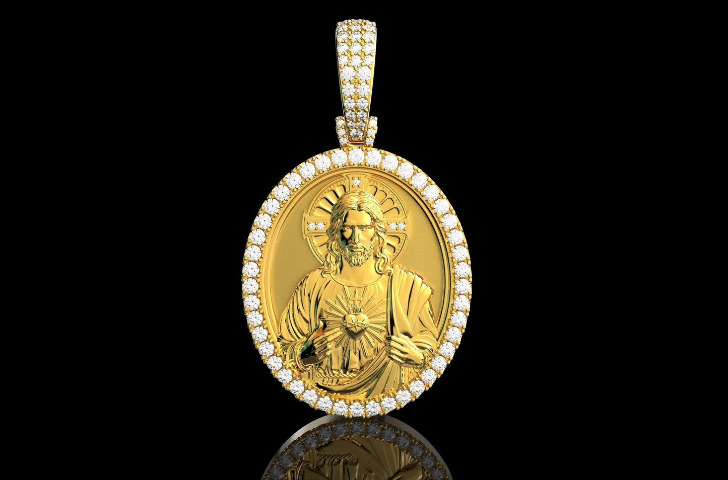 14K Solid Gold Jesus Pendant with Diamonds 3.10 Carat / Diamond Jesus Necklace / Oval Shape Jesus Christ Necklace with Diamonds 40mm x 33mm