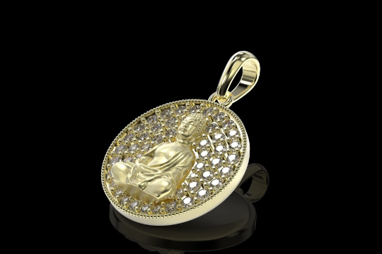 14K Solid Gold Round Diamond Buddha Pendant/Buddha Diamond Necklace 17mm x 17mm - JewelsnGlitters