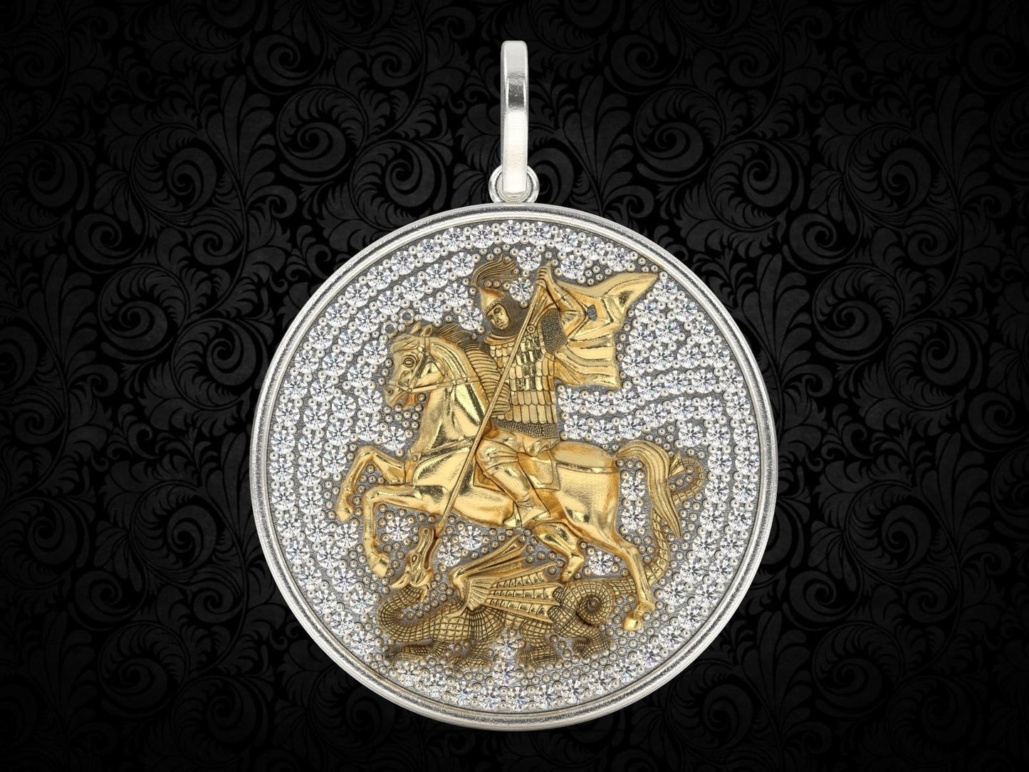 14k Solid Gold St George Dragon Hunter Pendant with Diamonds, Diamond Saint George Pendant, Unisex Saint George Pendant, Gift for Her