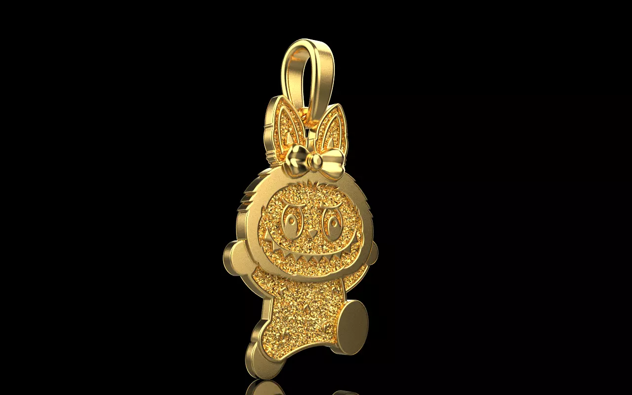 14k Solid Gold Labubu Necklace – 16" Rolo Chain, White/Yellow/Rose Gold, 24mm Pendant