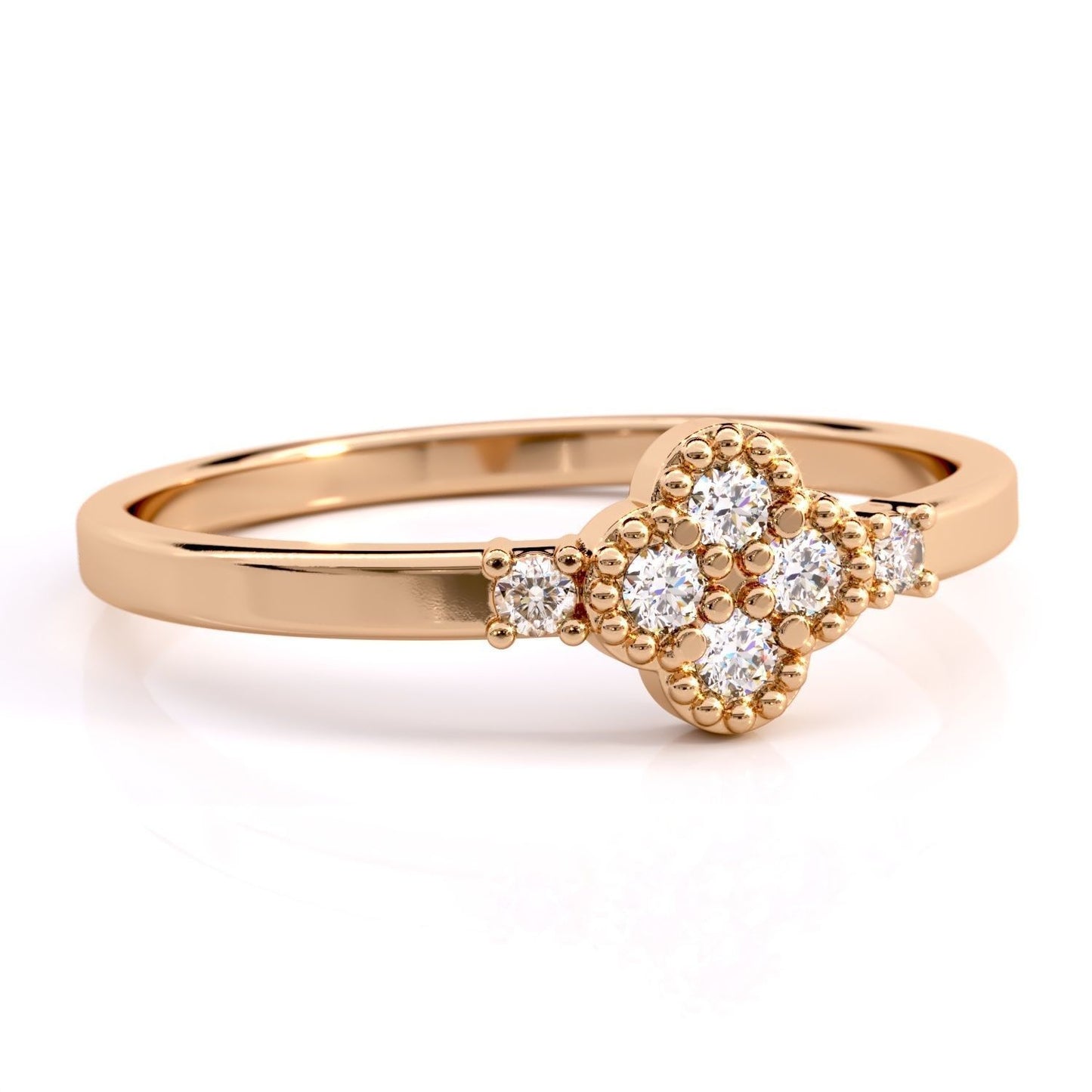 14K Solid Gold Diamond Clover Ring Clover Style Diamond Ring for Her