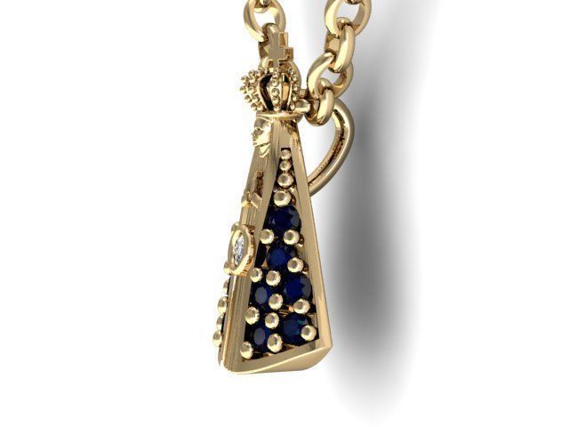 14K Solid Gold Nossa Senhora Aparecida Necklace / Diamond Nossa Arapecida Pendant with Diamonds and Blue Sapphires / Gift for Her