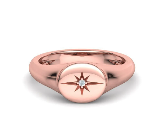 14k Solid Gold Signet Star Ring with REAL Diamond/ Pinky Statement Ring/Gift for Her - JewelsnGlitters