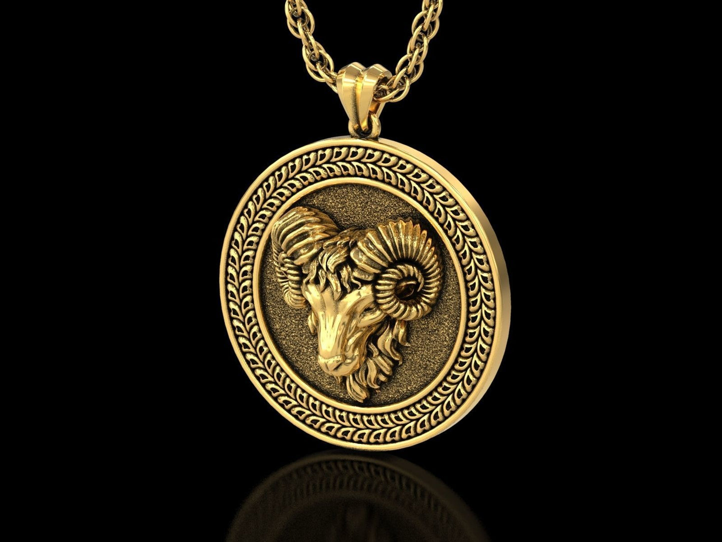 14k Solid Gold Aries Zodiac Sign Ram Medallion Pendant / Gold Ram Necklace / Zodiac Aries Round Necklace / Unisex Zodiac Pendant