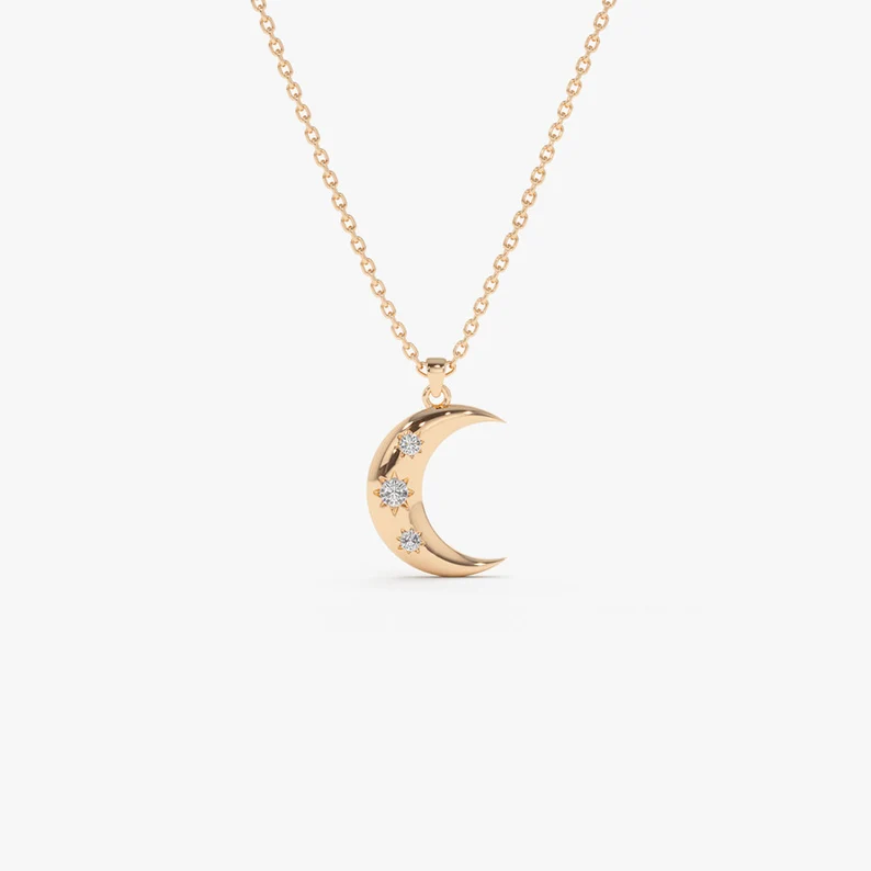 14k Solid Gold Diamond Crescent Necklace, Diamond Crescent Shape Necklace for Her