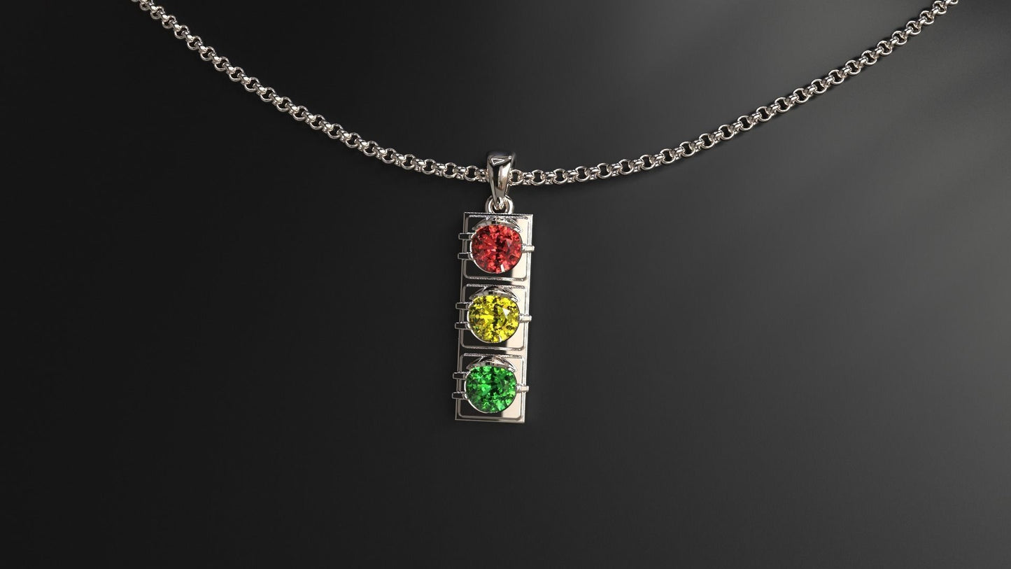 14K Solid Gold Traffic Light Pendant / Traffic Light Necklace for Her / Gold Traffic Light Pendant with Gem Stones / Gift for Her