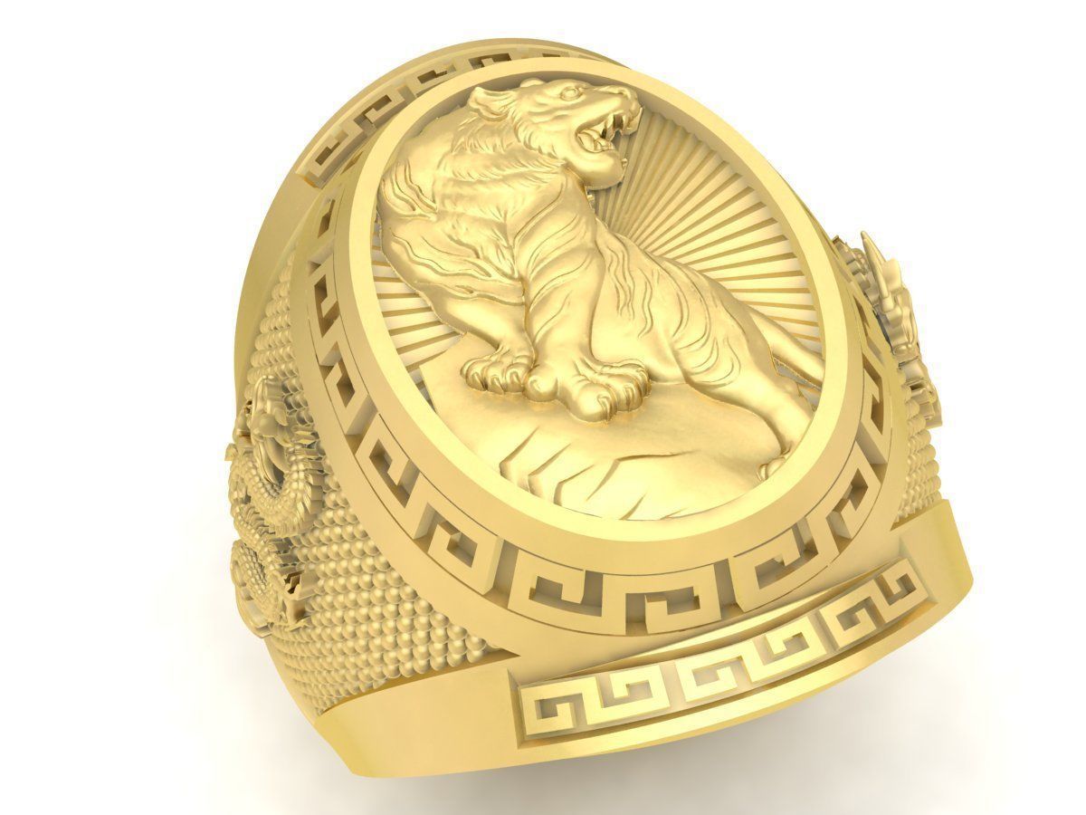 14k Solid Gold Crouching Tiger Hidden Dragon Ring / Gold Tiger Ring / Tiger Dragon Ring for Men / Good Luck Ring for Men ? Great Gift Idea - JewelsnGlitters