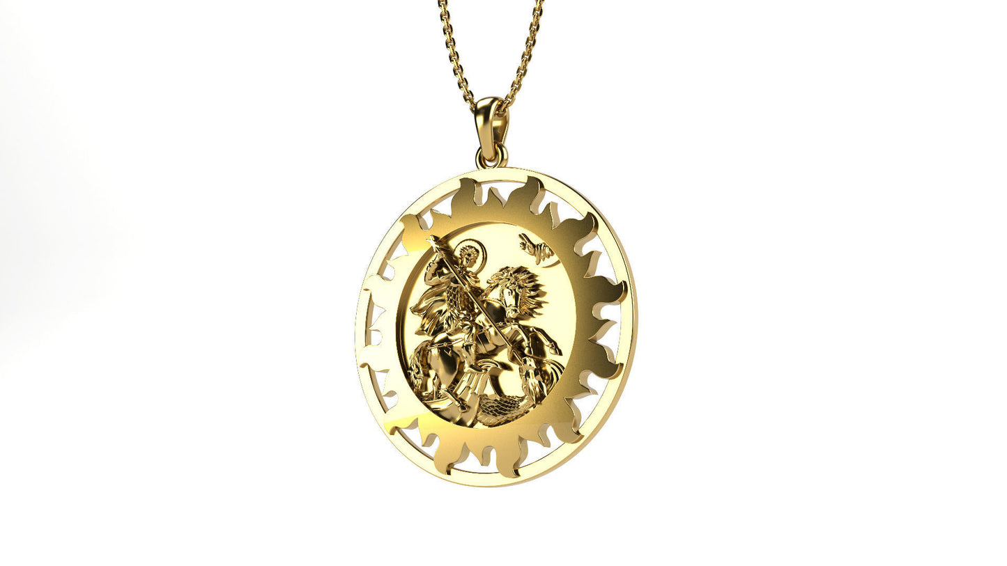 14K Solid Gold Saint George Devil Hunter Pendant 11 Grams / Gold Saint George Necklace / 14K Solid Yellow Round Gold St. George Necklace