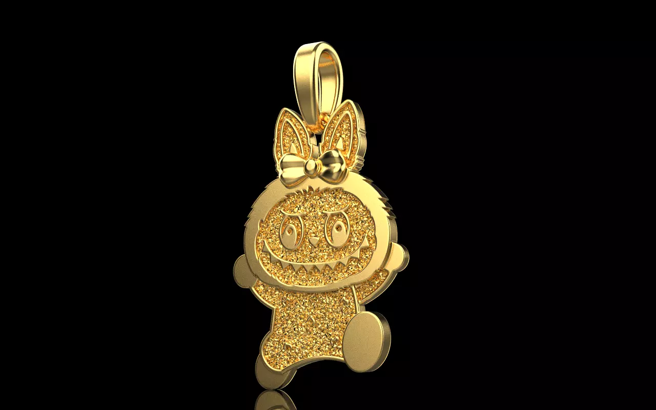 14k Solid Gold Labubu Necklace – 16" Rolo Chain, White/Yellow/Rose Gold, 24mm Pendant