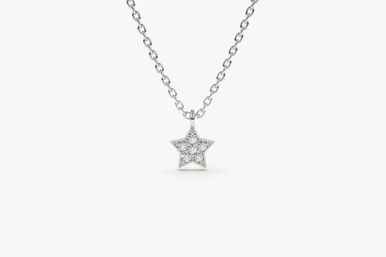 14k Solid Gold Star Diamond Necklace, Dainty Star Diamond Necklace for Her, Gift for Her