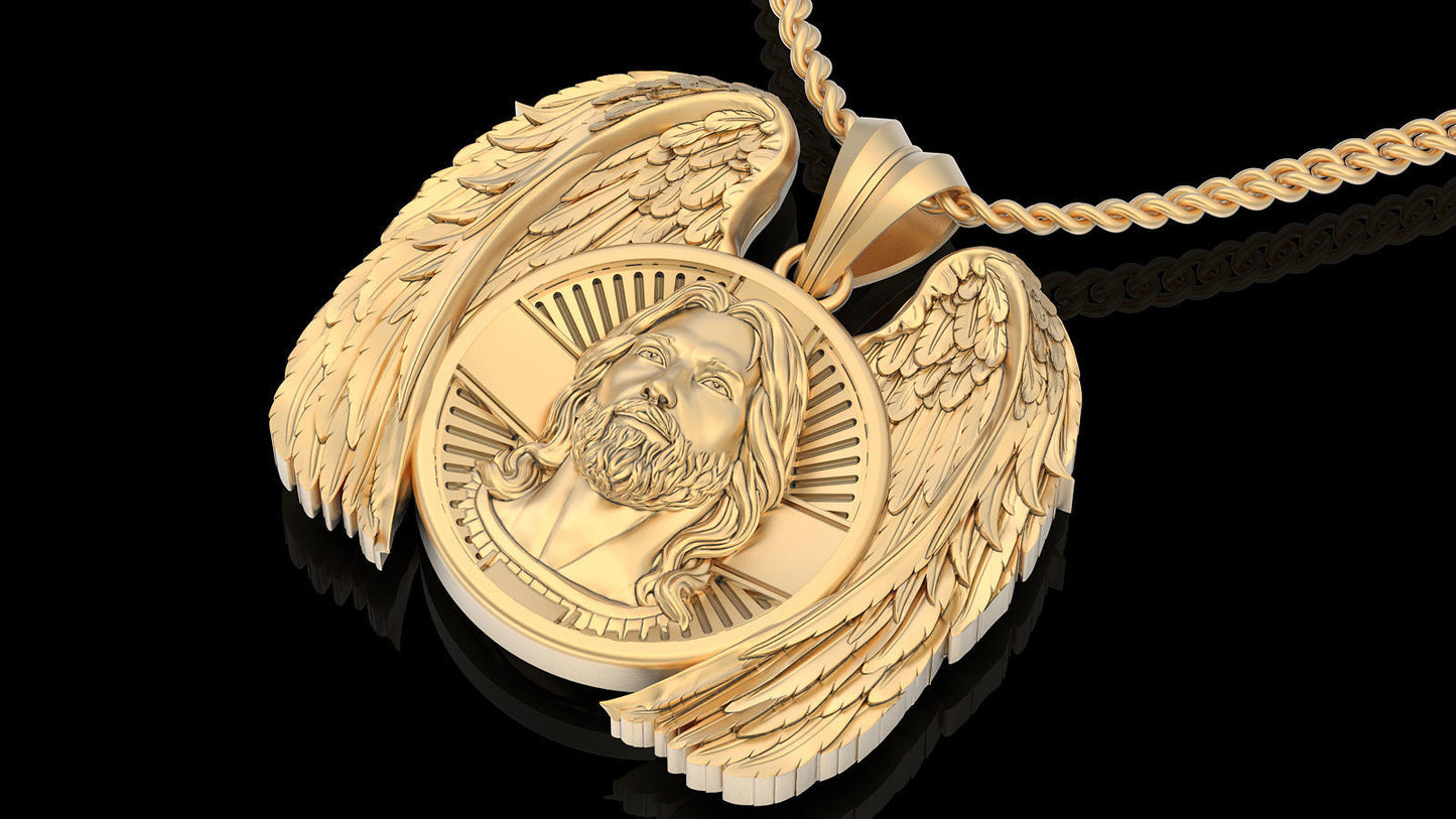 14K Solid Gold Jesus Angel Pendant / 14K Solid Yellow Gold Angel Jesus Necklace / 26.35mm Diameter / 20 Grams / Gift for Her - JewelsnGlitters