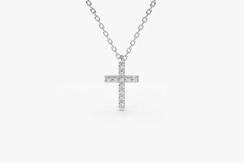 14k Solid Gold Diamond Cross Necklace, Diamond Cross Necklace for Her, Small Diamond Cross