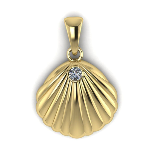 14K Solid Gold Sea Shell Pendant with Diamond / Gold Sea Shell Necklace with Diamond / Sea Shell Diamond Necklace / Gift for Her