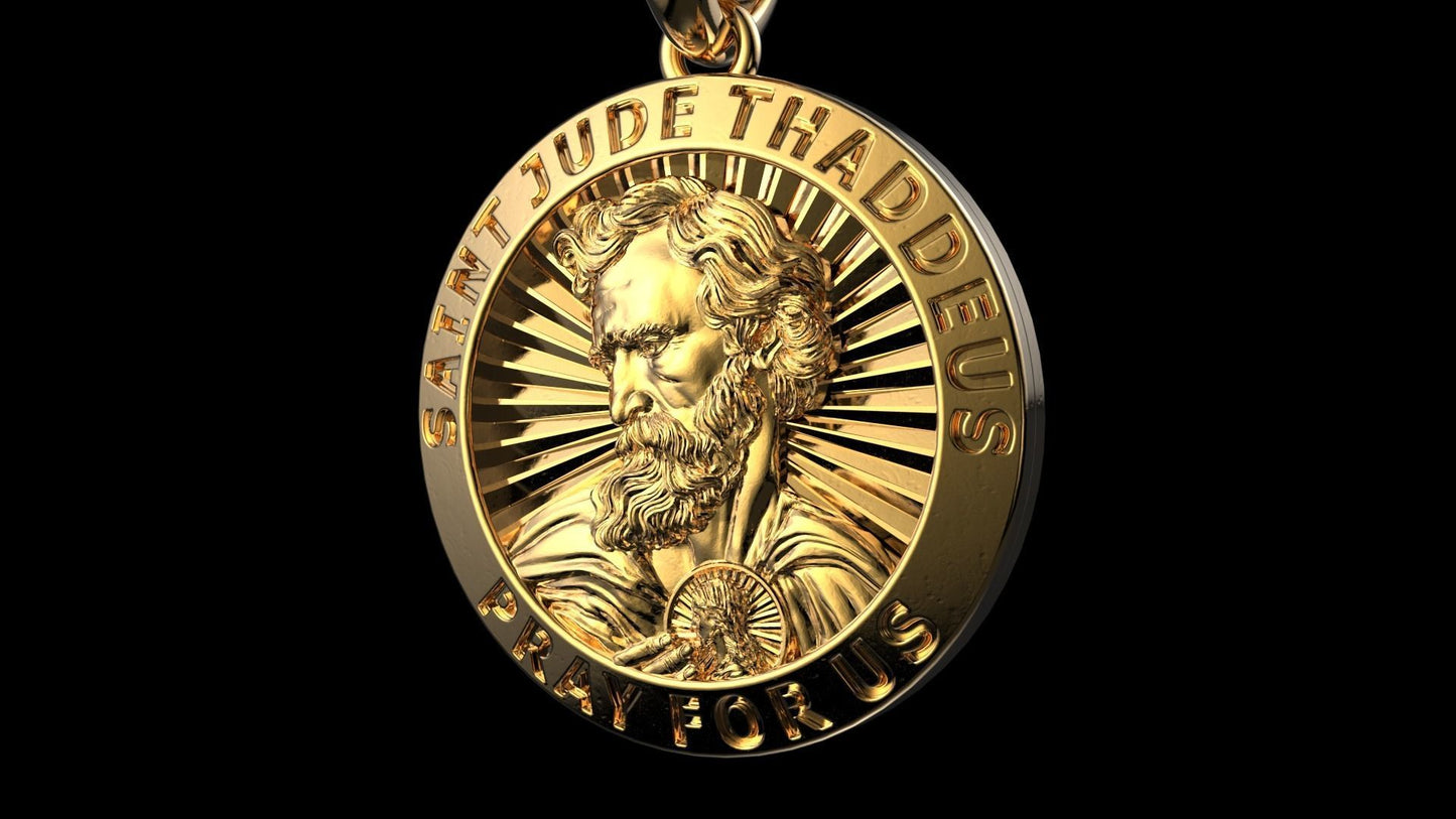 14K Solid Gold Round Saint Jude Thaddeus Pray For Us Necklace / Gold Saint Jude Pendant / St. Jude Thaddeus Pendant / Unisex Pendant