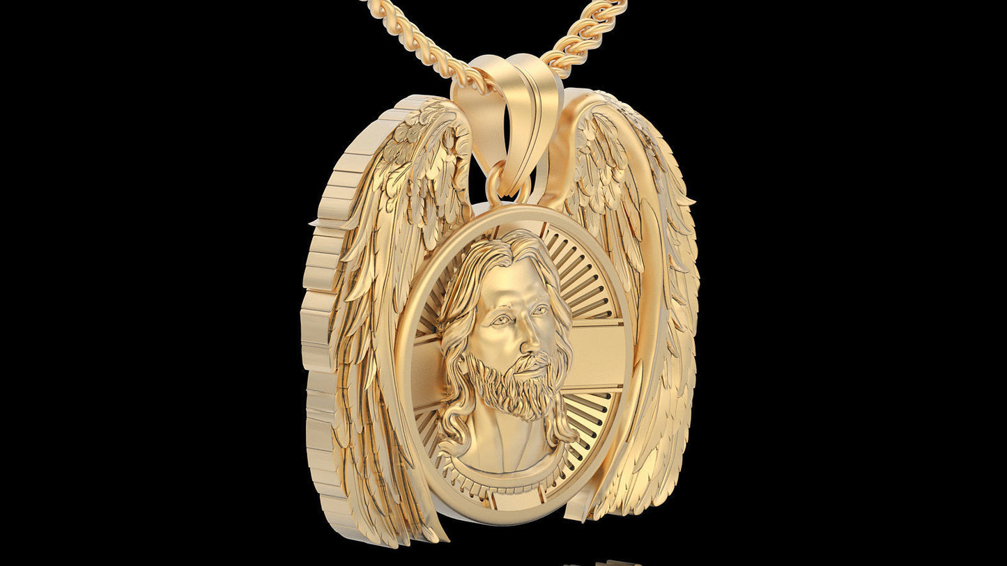 14K Solid Gold Jesus Angel Pendant / 14K Solid Yellow Gold Angel Jesus Necklace / 26.35mm Diameter / 20 Grams / Gift for Her - JewelsnGlitters