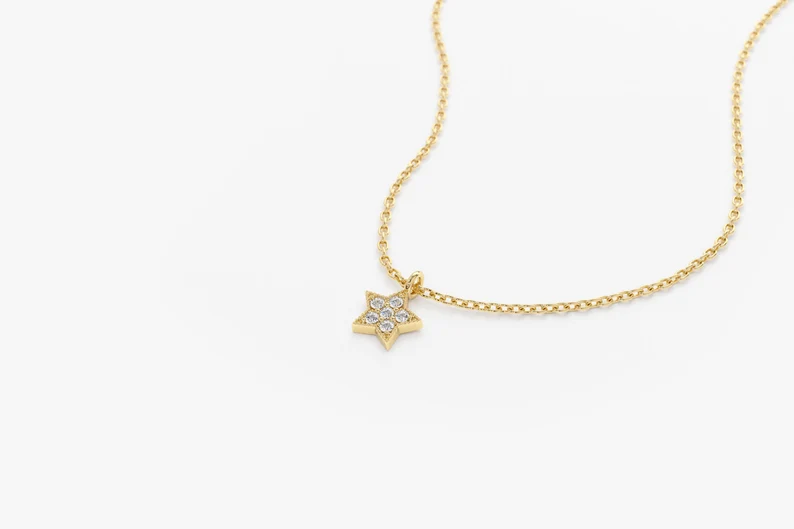 14k Solid Gold Star Diamond Necklace, Dainty Star Diamond Necklace for Her, Gift for Her