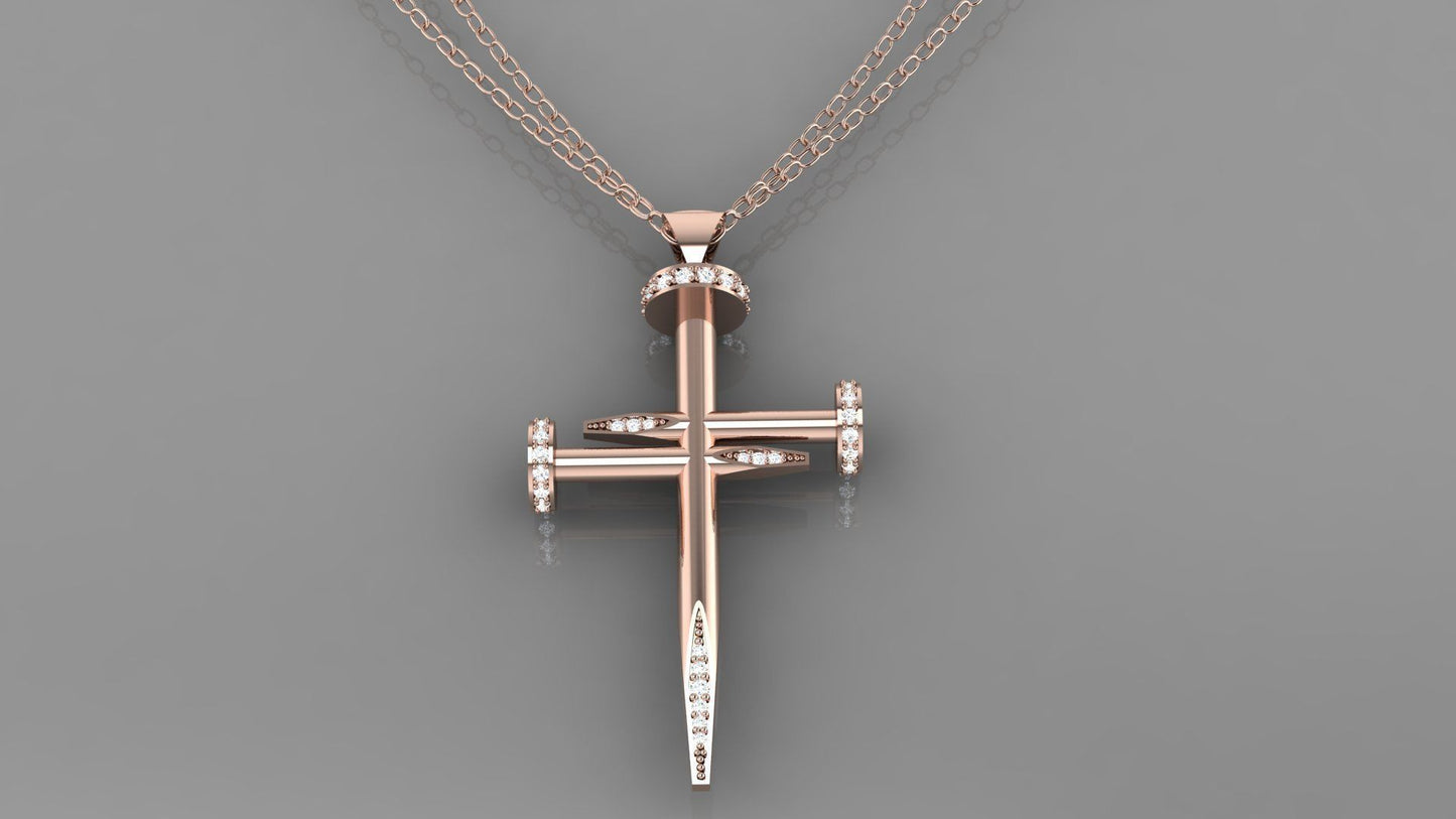 14k Solid Gold Nail Cross Necklace with Diamonds, Diamond Nail Cross, Nail Cross with Diamonds