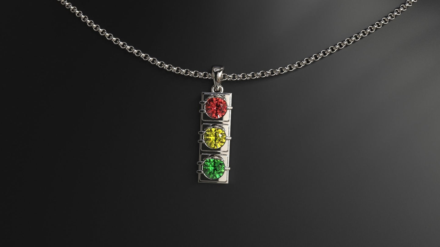 14K Solid Gold Traffic Light Pendant / Traffic Light Necklace for Her / Gold Traffic Light Pendant with Gem Stones / Gift for Her