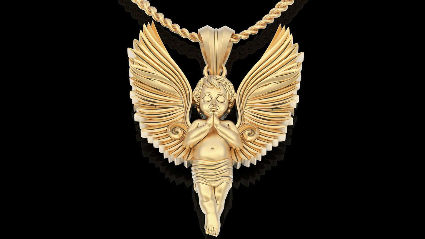 14K Solid Gold Praying Baby Angel Necklace / Gold Praying Angel Pendant / 14K Gold Angel Necklace for Her / Solid Gold Praying Angel for Her