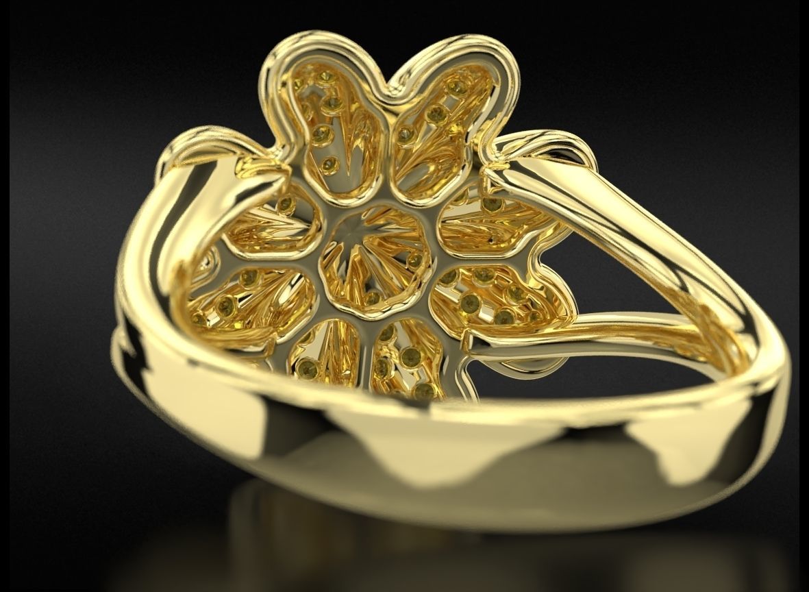 14K Solid Gold Flower Design Diamond Ring / Gold Flower Ring with Diamonds / Solid Gold Chunky Flower Ring with Design / Gift for Her