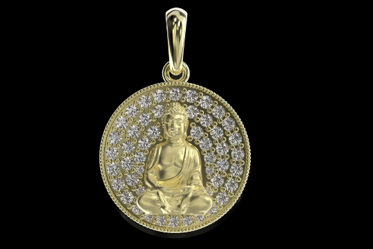 14K Solid Gold Round Diamond Buddha Pendant/Buddha Diamond Necklace 17mm x 17mm - JewelsnGlitters