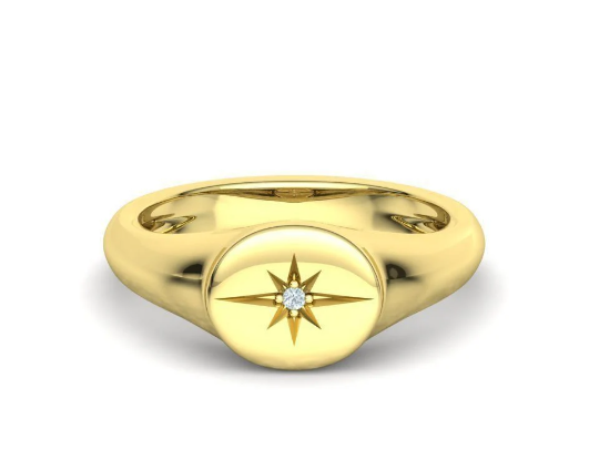 14k Solid Gold Signet Star Ring with REAL Diamond/ Pinky Statement Ring/Gift for Her - JewelsnGlitters