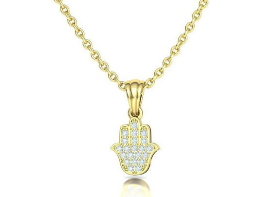 14K Solid Gold Diamond Small Hamsa Hand Pendant/Hamsa Diamond Charm on Necklace 12.5mm x 10.5mm / Gift for Her - JewelsnGlitters