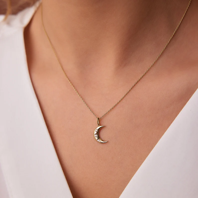 14k Solid Gold Diamond Crescent Necklace, Diamond Crescent Shape Necklace for Her