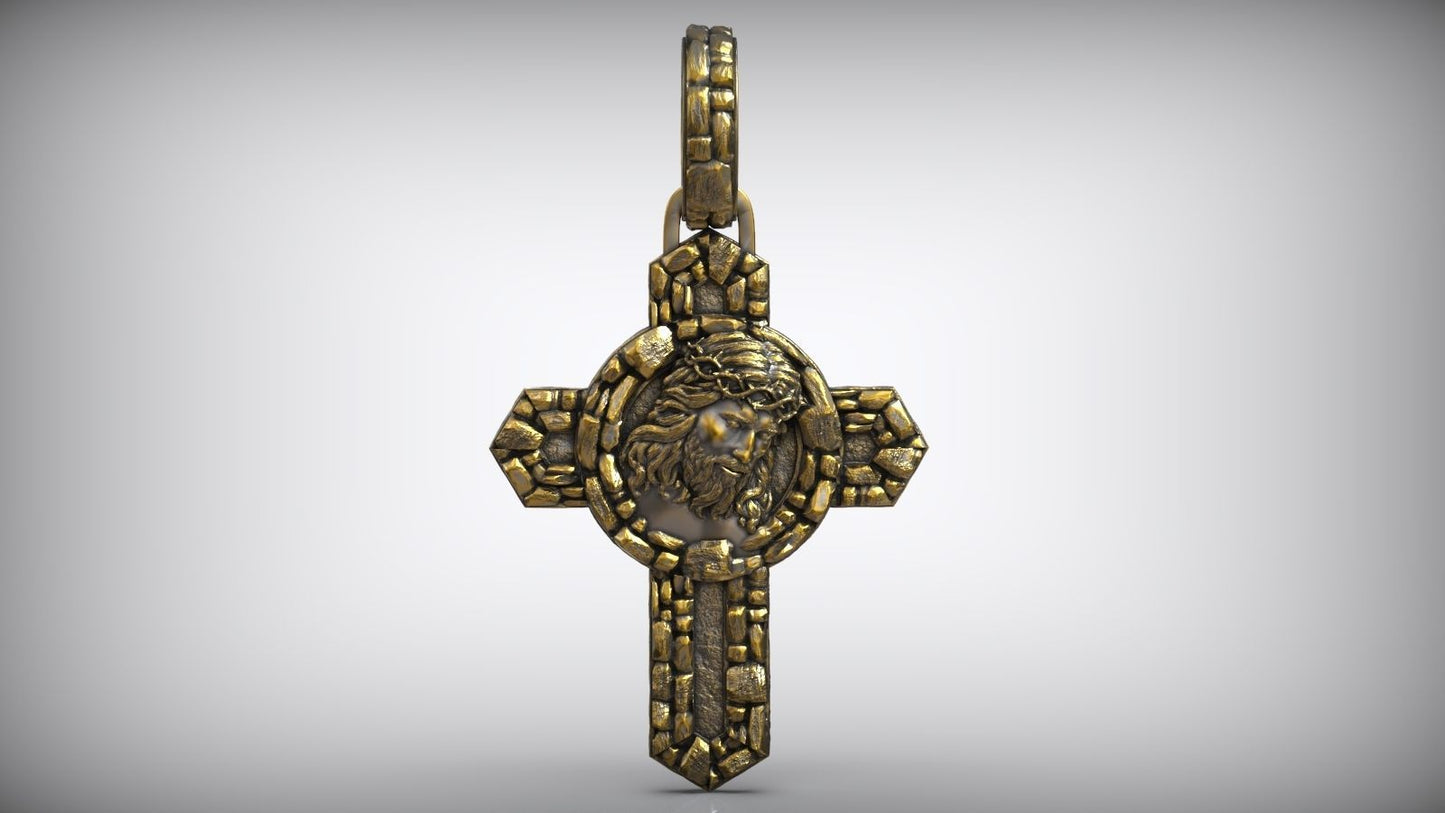 14K Solid Gold Jesus Christ Pendant / Jesus Christ Crown Thorns Catholic Stone Cross / Unique Cross Pendant / Great Gift Idea