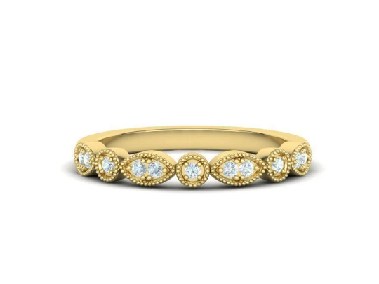 14K Solid Gold Milgrain Diamond Ring / Matching Diamond Band/ Milgrain Band with Diamonds/Gift for Her - JewelsnGlitters