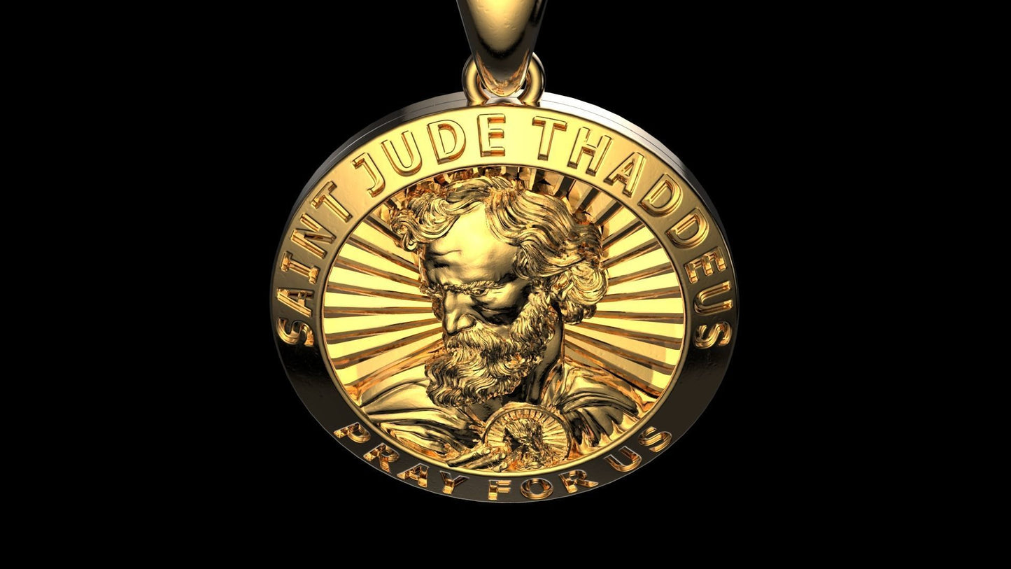 14K Solid Gold Round Saint Jude Thaddeus Pray For Us Necklace / Gold Saint Jude Pendant / St. Jude Thaddeus Pendant / Unisex Pendant