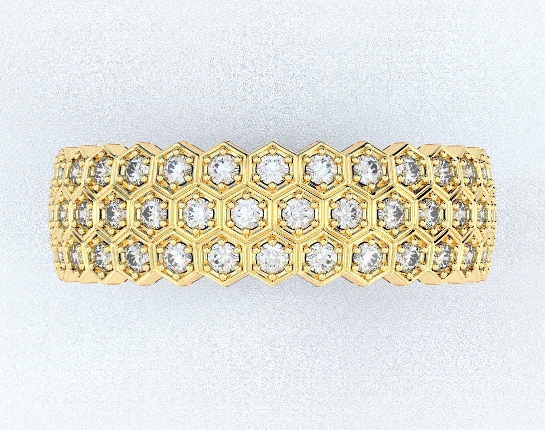 14K Solid Gold Diamond 3 Row Honeycomb Wedding Band / Gold Honeycomb Ring / Gold Honeycomb Diamond Ring / Honeycomb Lady's Ring