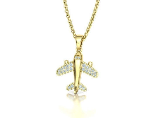 14K Solid Gold Diamond Airplane Pendant/Airplane Diamond Charm on Necklace 17mm x 14mm / Gift for Her - JewelsnGlitters