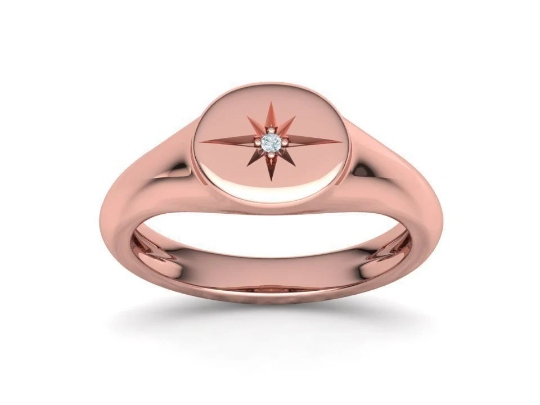 14k Solid Gold Signet Star Ring with REAL Diamond/ Pinky Statement Ring/Gift for Her - JewelsnGlitters