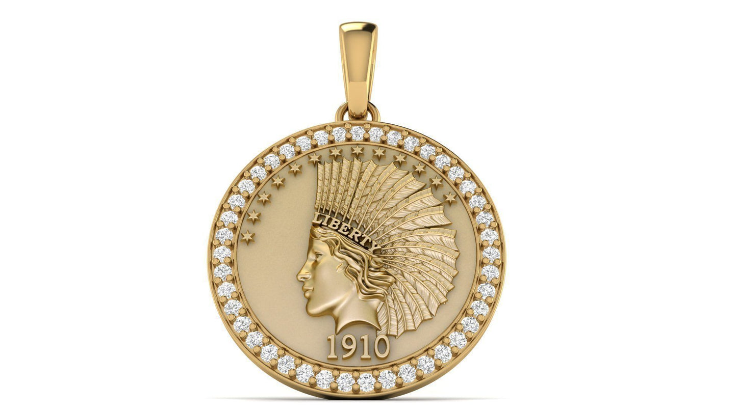 14K Solid Gold Round Liberty Pendant with Diamonds / Diamond Liberty Necklace / Liberty Round Diamond Medallion for Her / Gift for Her