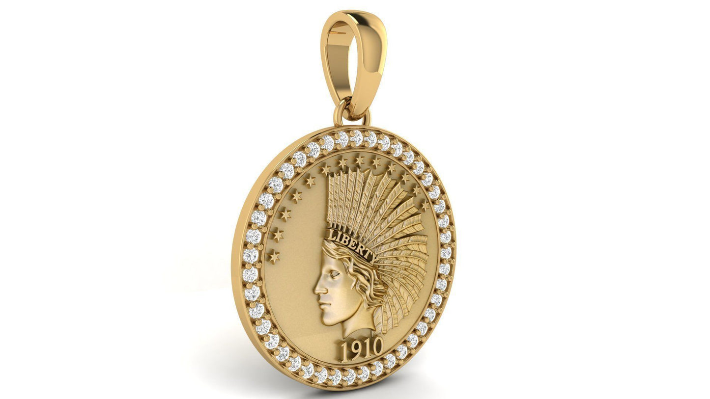 14K Solid Gold Round Liberty Pendant with Diamonds / Diamond Liberty Necklace / Liberty Round Diamond Medallion for Her / Gift for Her