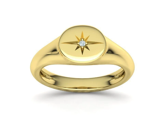 14k Solid Gold Signet Star Ring with REAL Diamond/ Pinky Statement Ring/Gift for Her - JewelsnGlitters