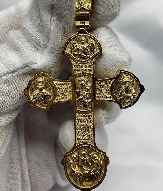 14K Solid Yellow Gold Orthodox Cross Necklace / Crucifix Orthodox Cross Pendant / Unisex Religious Necklace 57mm X 43mm / 39 Grams - JewelsnGlitters