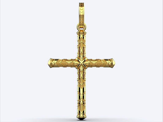 14K Solid Gold Design Cross Necklace / Crucifix Pendant with Design / Religious Unisex Cross / For Men 45mm x 26mm - 6.50 Grams