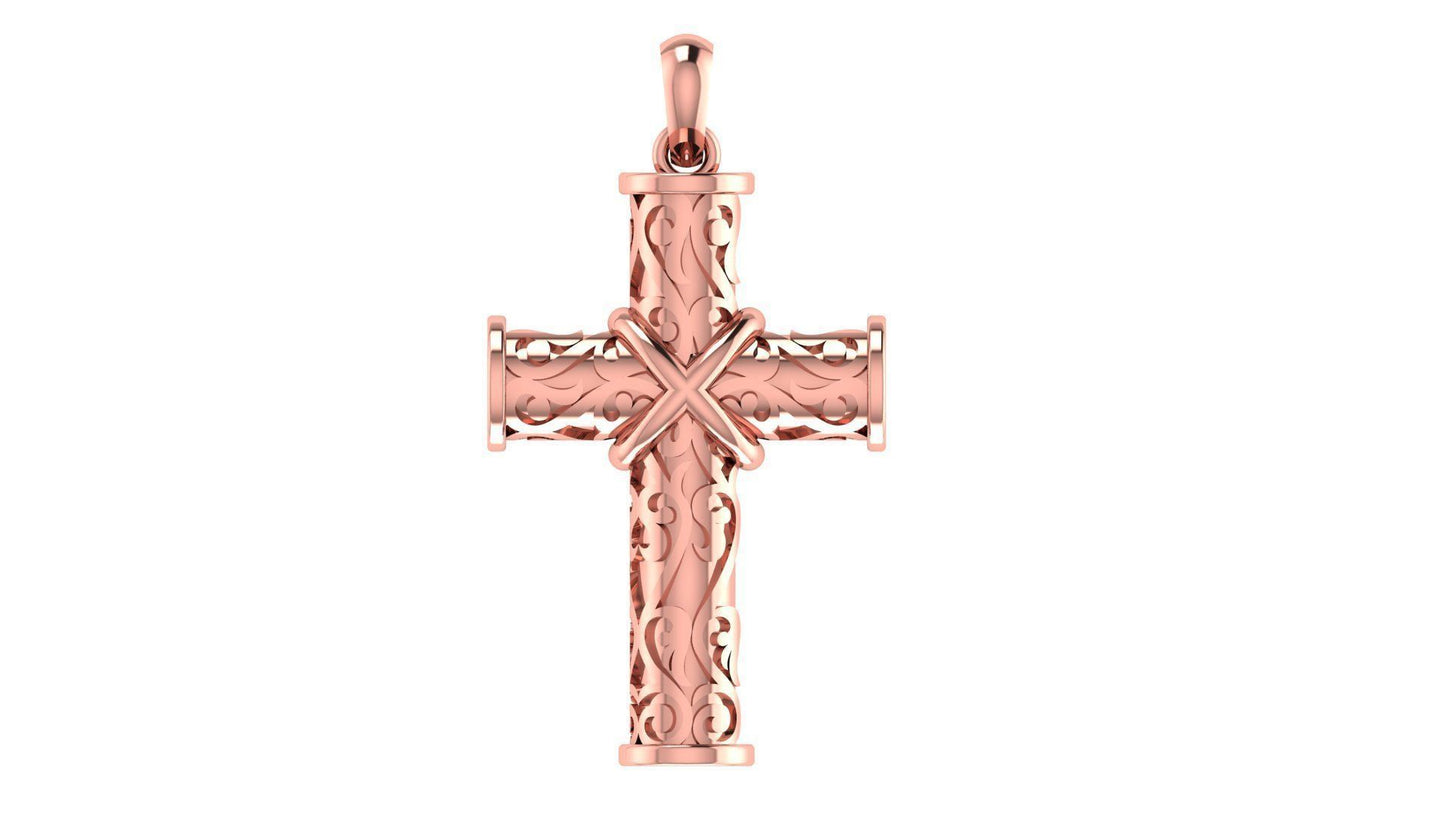 14K Solid Gold Cross Necklace with Design / Crucifix Pendant / Religious Pendant For Women / For Men 30mm x 25mm