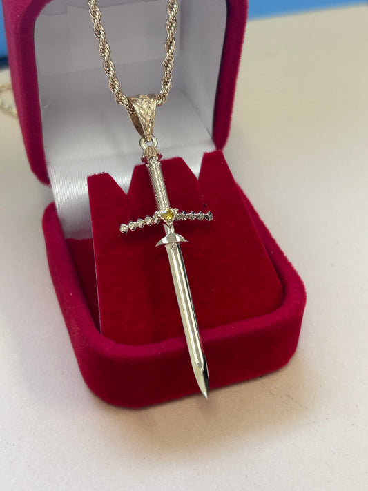 14K Solid Gold Diamond Sword Pendant with Pink Sapphire or Black Diamond / Sword Pendant Necklace Gold / Diamond Gold Necklace